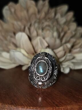 Adjustable Labradorite Poison Ring 925 Sterling Silver Overlay NEW